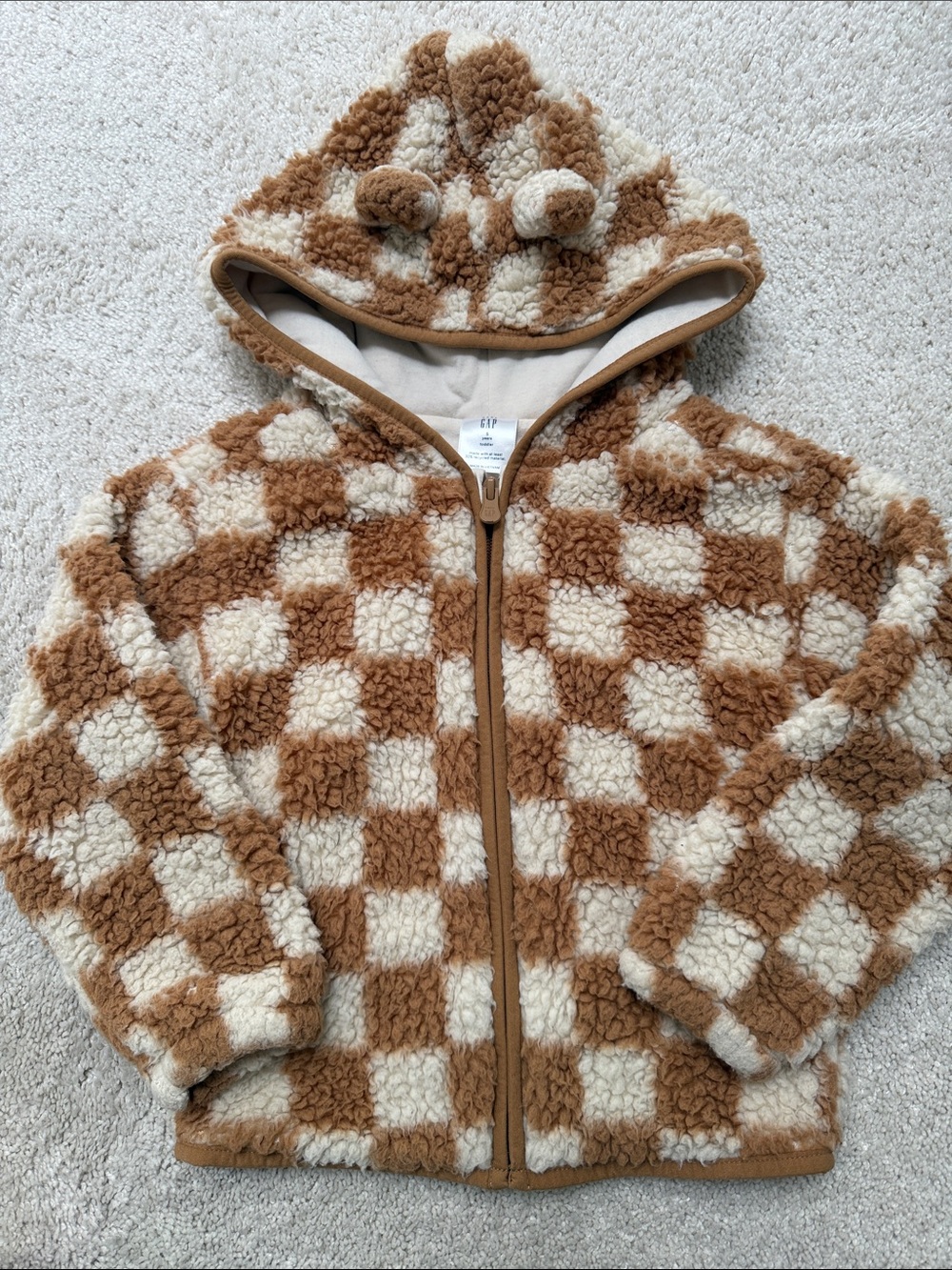 GAP Checkered Sherpa Hoodie in Cream & Brown with Ears